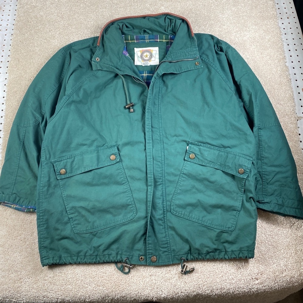 Vintage Venezia Green Flannel Lined Barn Jacket Leather Trim Plus‎ Size 18/20
